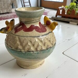 Chinese Folk Pottery Vase Birds Hand Applied Figures 1930-1950 Shiwan /  Yixing